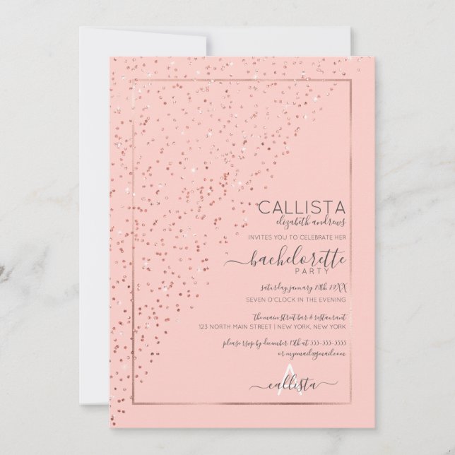 Invitación Rosa Rosa Rosa Oro Diagonal Confetti Bachelorette (Anverso)