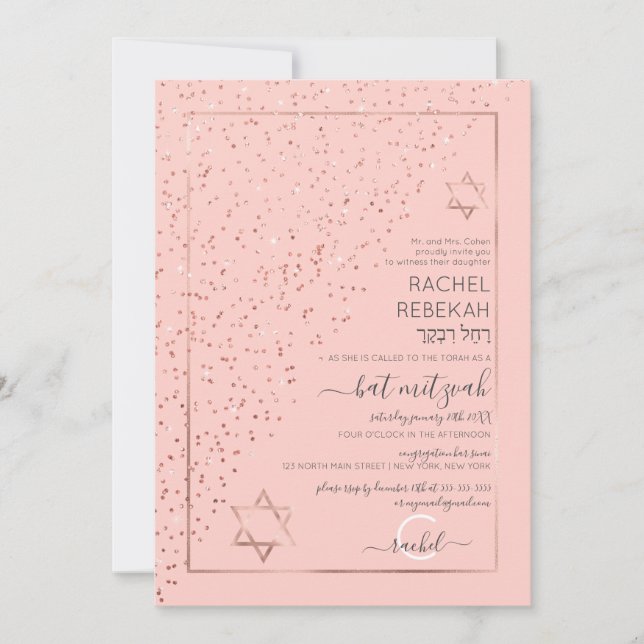 Invitación Rosa Rosa Rosa Oro Diagonal Confetti Bat Mitzvah (Anverso)