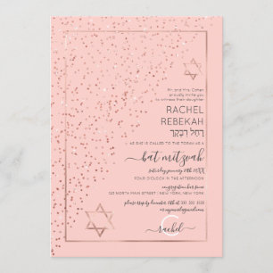 Invitación Rosa Rosa Rosa Oro Diagonal Confetti Bat Mitzvah