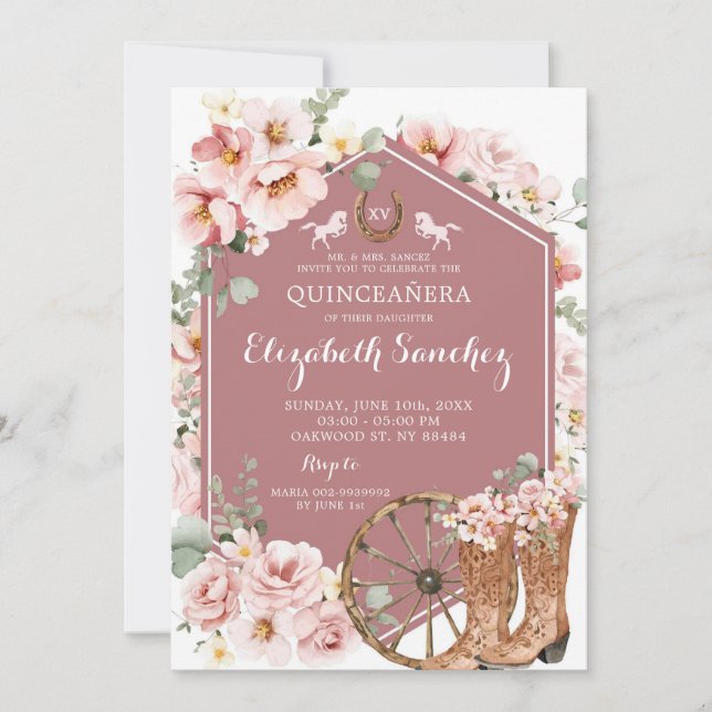 Invitación Rosa Rosa Rosa Oro Occidental Charra Quinceañera (Anverso)