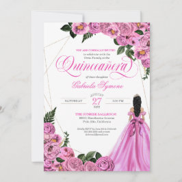 Invitación Rosa Rosa Rosa Oro Tiara y Ball Gown Quinceañera