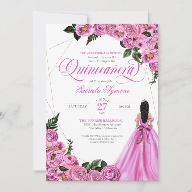 Invitación Rosa Rosa Rosa Oro Tiara y Ball Gown Quinceañera (Anverso)