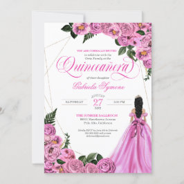 Invitación Rosa Rosa Rosa Oro Tiara y Ball Gown Quinceañera