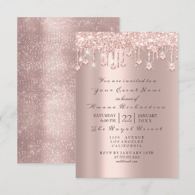 Invitación Rosa Rosa Rosa Pastel Polvo Purpurina de chispa Dr (Anverso / Reverso)