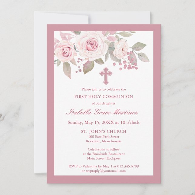 Invitación Rosa Rosa Rosa Peony Floral Primera Santa Comunión (Anverso)