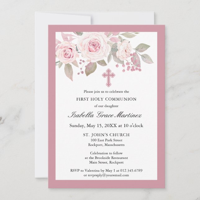 Invitación Rosa Rosa Rosa Peony Floral Primera Santa Comunión (Anverso)