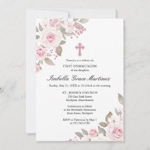 Invitación Rosa Rosa Rosa Peony Floral Primera Santa Comunión
