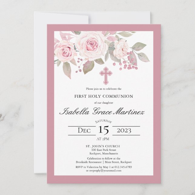 Invitación Rosa Rosa Rosa Peony Floral Primera Santa Comunión (Anverso)