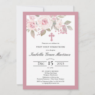 Invitación Rosa Rosa Rosa Peony Floral Primera Santa Comunión