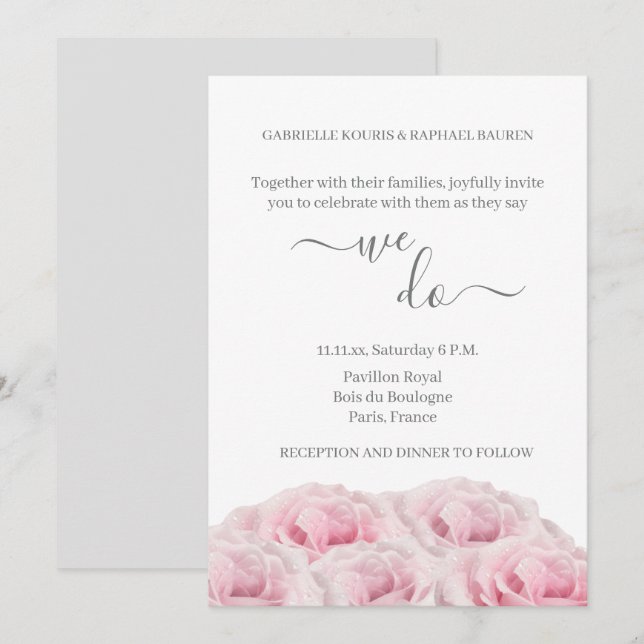 Invitación Rosa Rosa Rosa Rosa Blanca Floral Gris Blanco Eleg (Anverso / Reverso)