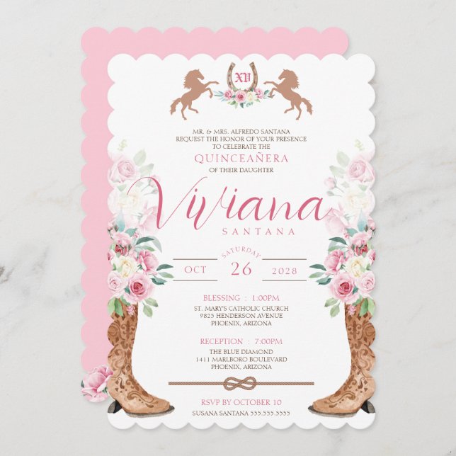 Invitación Rosa Rosa Rosa Rosa Floral Boots Charro Occidental (Anverso / Reverso)
