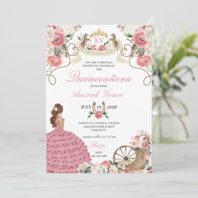 Invitación Rosa Rosa Rosa Rosa Occidental Chowgirl Quinceañer (Anverso de pie)