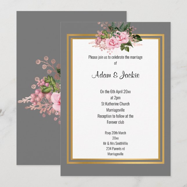 INVITACIÓN ROSA ROSA ROSA ROSA ORO TRIM ELEGANTE BODA GRIS (Anverso / Reverso)