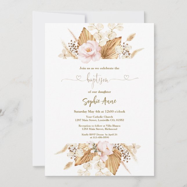 Invitación Rosa Rosa Rosa Rosa Pampas Grass Palm Calligraphy  (Anverso)