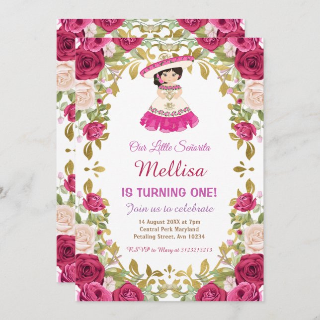 Invitación Rosa Rosa Rosa Rosa Rosa Chica floral mexicana Fie (Anverso / Reverso)