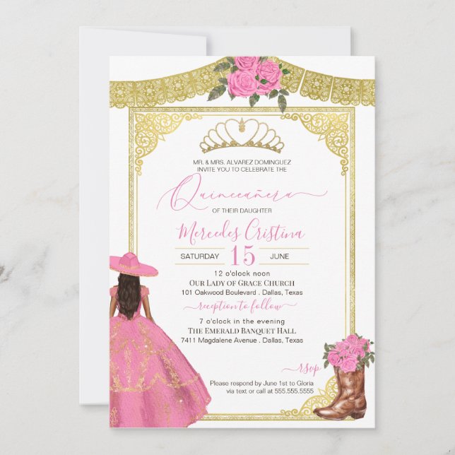 Invitación Rosa Rosa Rosa Rosa Rosa Oro Elegante Charro Occid (Anverso)