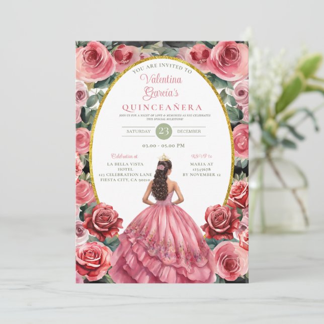 Invitación Rosa Rosa Rosa Rosa Rosa Quinceañera 15 Flores de  (Anverso de pie)
