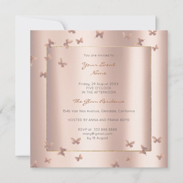 Invitación Rosa rosa rosa rosa rosa rosa gris mariposa de Rub (Anverso)