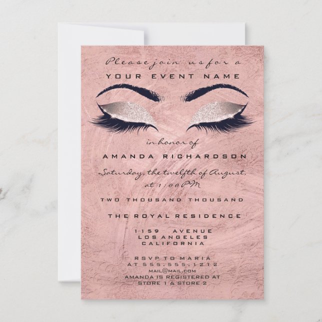 Invitación Rosa Rosa Rosa Stroke Makeup Ojos Purpurina 16ª No (Anverso)
