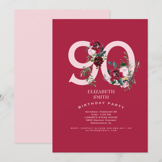 Invitación Rosa Rosa Rosa y Rosa Roja Elegante fiesta de cump (Anverso / Reverso)