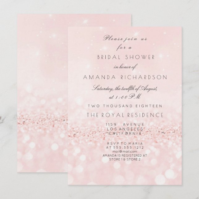 Invitación Rosa rosa Rubor Pastel Purpurina Bridal Shower (Anverso / Reverso)