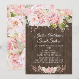 Invitación Rosa Rosa Rústico Luces de Madera Dulce Dieciséis