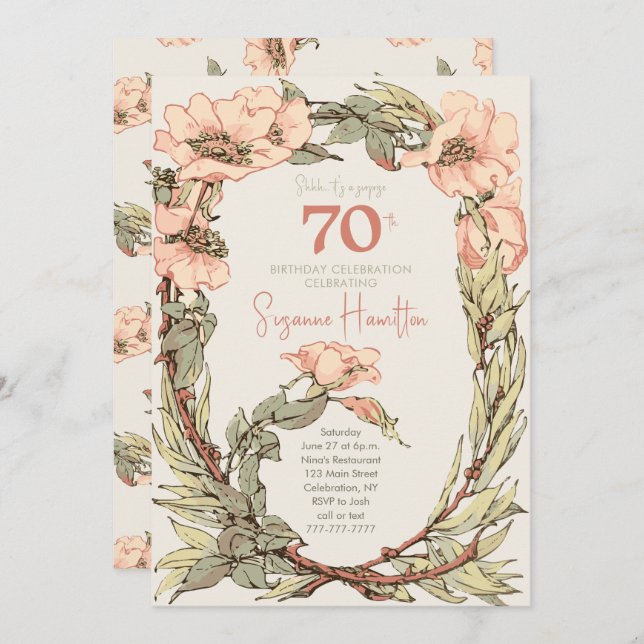 Invitación Rosa rosa sorprende a Floral 70 cumpleaños (Anverso / Reverso)