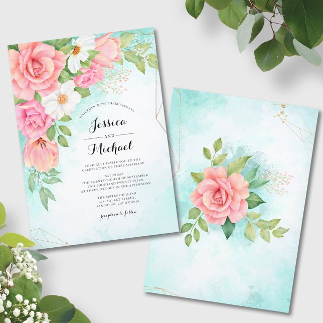 Invitación Rosa rosa turquesa Ombre Floral Bouquet Boda (Subido por el creador)