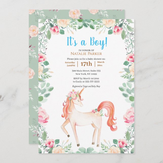 Invitación Rosa rosa unicornio Floral Greenerboy Baby Shower (Anverso / Reverso)
