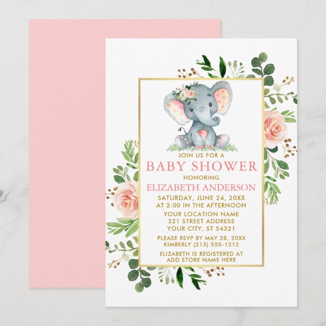 Invitación Rosa rosa verde Elefante Baby Shower Gold (Anverso / Reverso)