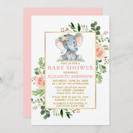 Invitación Rosa rosa verde Elefante Baby Shower Gold