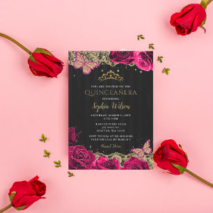 Invitación Rosa rosa vintage Lace Oro Negro Quinceañera