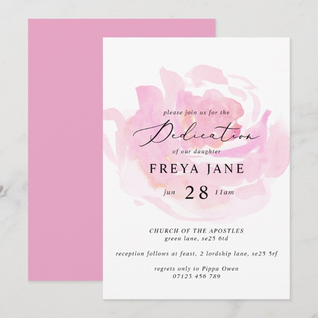 Invitación Rosa rosa y caligrafía moderna Dedicación para beb (Anverso / Reverso)