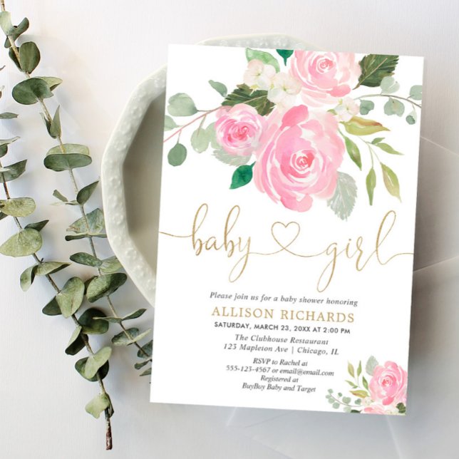 Invitación Rosa rosa y dorado elegante chica floral ducha de  (Subido por el creador)