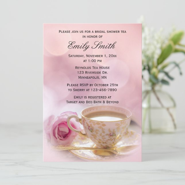 Invitación Rosa rosa y equipo | Té de ducha de novia (Anverso de pie)