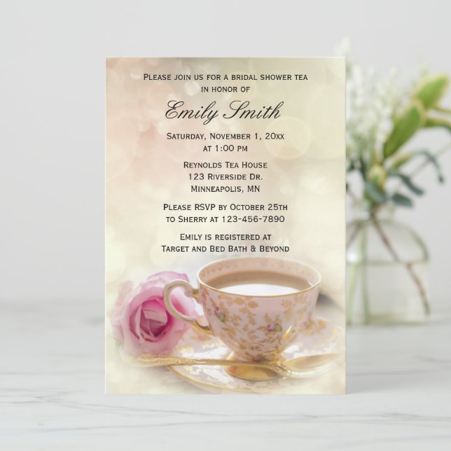 Invitación Rosa rosa y equipo | Té de ducha de novia elegante (Anverso de pie)