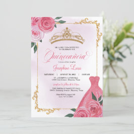 Invitación Rosa rosa y floral blanca dorada Tiara Quinceañera