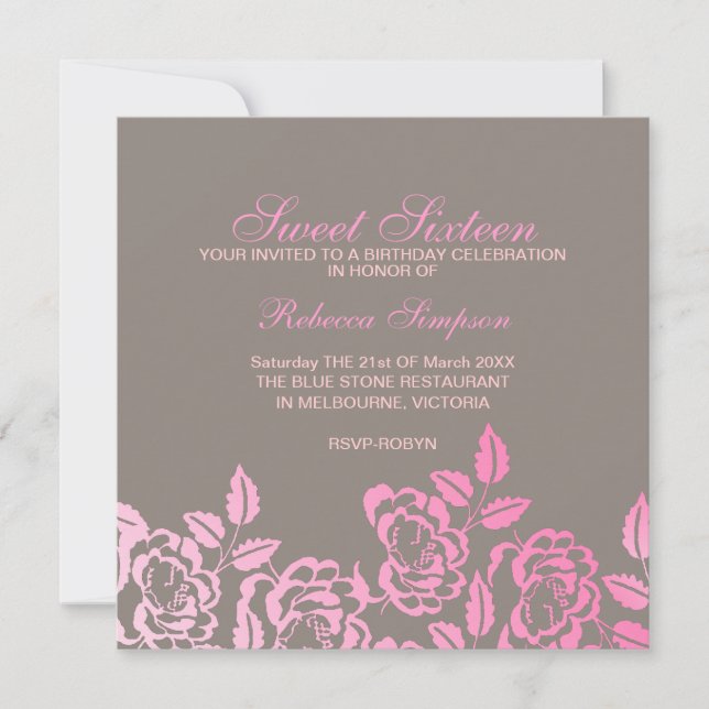 Invitación Rosa rosa y gris Petal Sweet 16 cumpleaños invitac (Anverso)