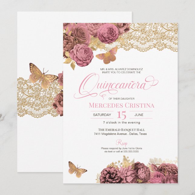 Invitación Rosa rosa y mariposa dorada de encaje Quinceañera (Anverso / Reverso)