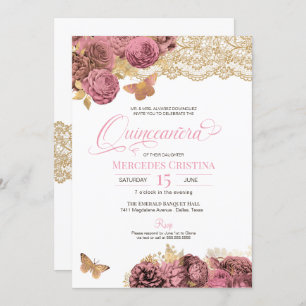 Invitación Rosa rosa y mariposa dorada de encaje Quinceañera