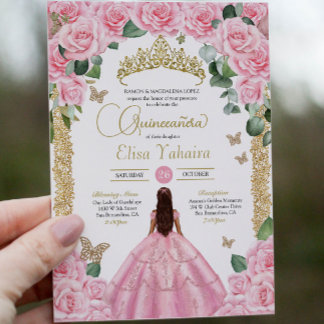 Invitación Rosa rosa y mariposa dorada Quinceanera