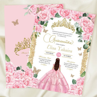 Invitación Rosa rosa y mariposa dorada Quinceanera