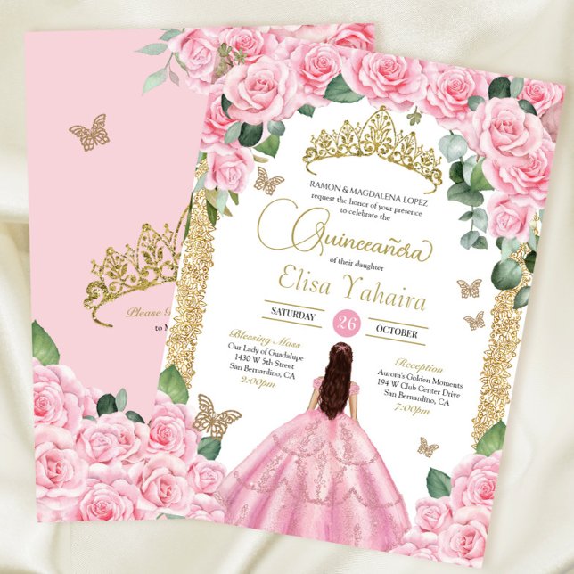Invitación Rosa rosa y mariposa dorada Quinceanera (Subido por el creador)