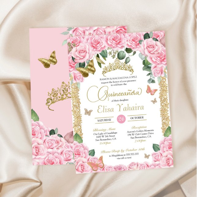 Invitación Rosa rosa y mariposa elegante de oro Quinceanera (Subido por el creador)