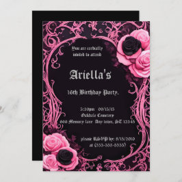 Invitación Rosa rosa y negro dulce enmarcado 16 cumpleaños