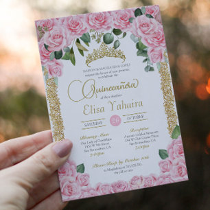 Invitación Rosa rosa y oro decorativo elegante Quinceanera