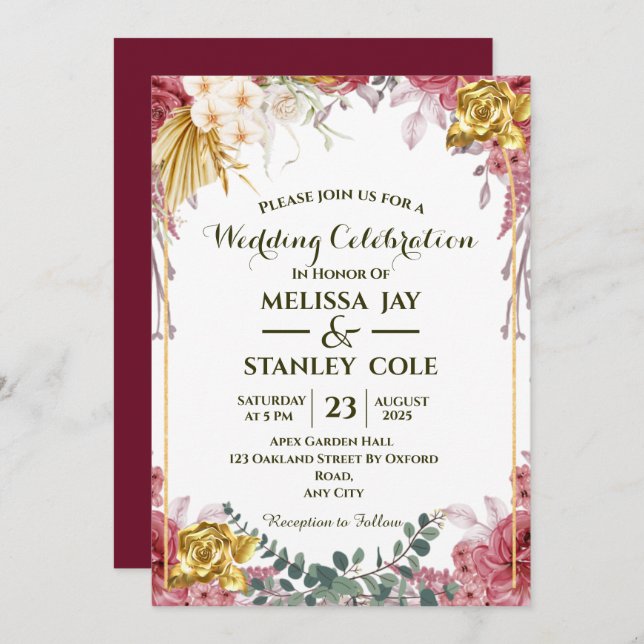 Invitación Rosa Rosa y Oro Eucalyptus Boda Floral (Anverso / Reverso)