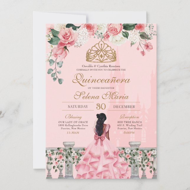 Invitación Rosa rosa y princesa de oro cuento de hadas Quince (Anverso)