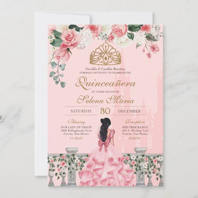 Invitación Rosa rosa y princesa de oro cuento de hadas Quince (Anverso)