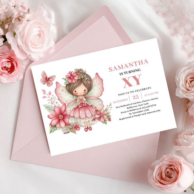 Invitación Rosa Rosada de Cumpleaños de Niña Hada  (Magical Fairy Girl Birthday Blush Pink Invitation)